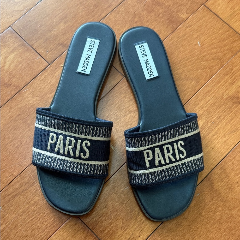 Steve Madden Black Slides with Gold Paris Design